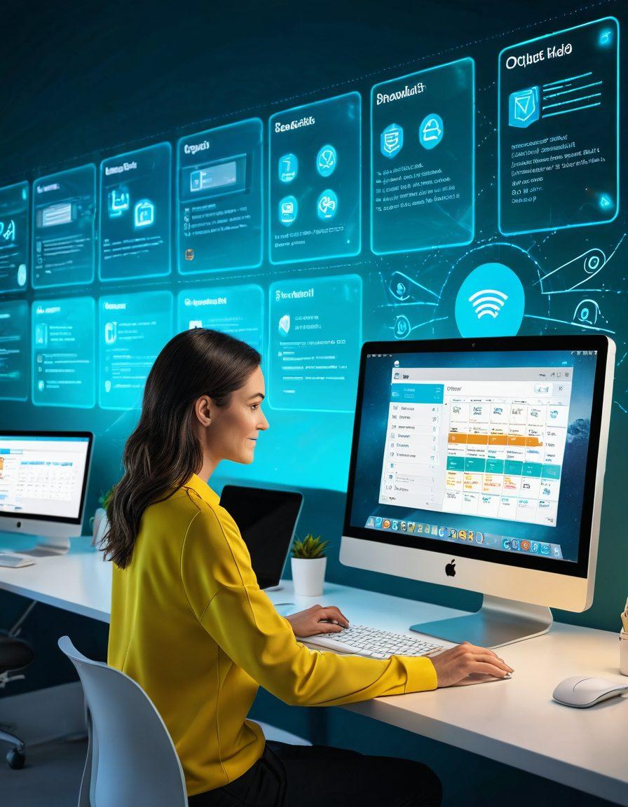 A vibrant, futuristic digital workspace with a glowing computer screen displaying Optus Webmail's interface, surrounded by icons representing various features like email organization, calendar, and productivity tools. A person using a sleek, modern device looks satisfied and engaged. super-realistic. vibrant colors.