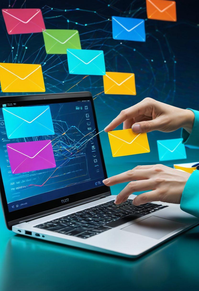 A sleek, futuristic laptop displaying a dynamic webmail interface, surrounded by floating envelopes and seamless digital connections. Incorporate Optus logo subtly in the background with expert hands typing on the keyboard. Vivid colors, clean lines, and minimalistic design elements amplify the focus on efficient communication. super-realistic. vibrant colors.